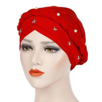 China Stylish Solid Color Muslim Turban Hat Beads Braid Headscarf Women Headwear RAR-177 for sale