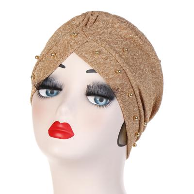 China Solid Color Turban Front Barred Cross Beaded Pleats Covers Muslim Headscarf for sale