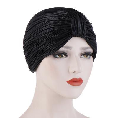 China Laser Striped Colorful Silky Ruffle Women Turban Hair Cover Accessories Hood Salon Metallic Hat for sale