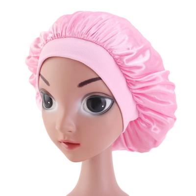 China Striped Silky Wide Elastic Band Turban Solid Color Hood Kids Night Sleep Hat for sale