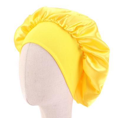 China Satin Striped Silky Hood Girl Sleep Cap Kids Hair Care Wide Brim Nightcap for sale