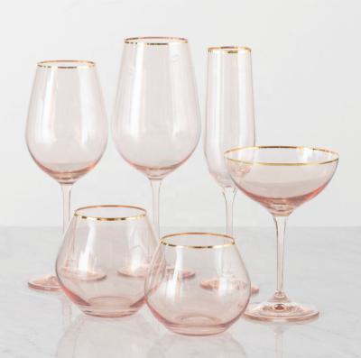 China Besta DDP New Classic/Postmodern Pink Sputtered Wine Glass Crystal Glassware Drinking Set With Gold Rim for sale