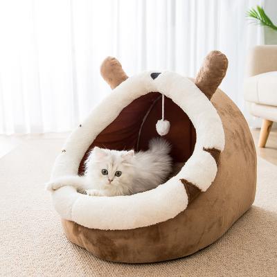 China Removable Autumn And Winter Cartoon Breathable Animals And Washable Partially Enclosed Plush Kennel Cat Bed for sale