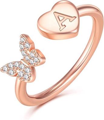 China Hot Selling Rose Gold CLASSIC 26 A-Z Alphabet Butterfly Finger Rings Women's Initial Letter Rings Open Adjustable Crystal Butterfly for sale