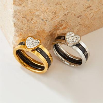 China CLASSIC Waterproof PVD Gold Plated Multilayer Stainless Steel Heart Couples Ring Roman Numerals Rings Rhinestone Love for sale