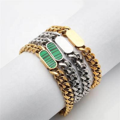 China CLASSIC Women Green White Shell Charm Link Chain Hip Hop Bracelets Chunky Gold Plate Stainless Steel Cuban Link Bracelet for sale