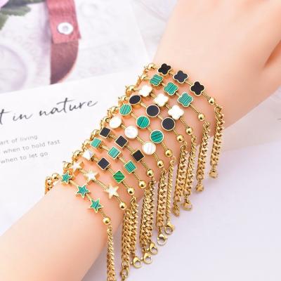 China CLASSIC Fashion Girls Stainless Steel Shell Stars Round Square Four Leaf Clover Multi-Element Green White Black Bangle Bracelet for sale