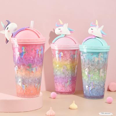 China Glossy Unicorn Plastic Double Wall Water Cup Cartoon Coffee Mug Food Grade BPA Free Water Cup for sale