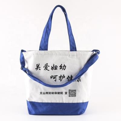 China Fashion Women Canvas Handled Tote Bags With Blue Shoulder Canvas Weekend Bag Custom Canvas Tote Bag With Pocket for sale