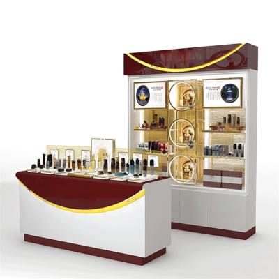 China Eco-friendly Luxury Makeup Display Wall Stands Custom Wooden Wall Shelves Cosmetic Display Cabinet for sale