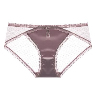 China Ultra-thin Crotch Anti-static Hip Cotton Waist Underwear Ladies Lace Satin Mesh Cavity Perspective Briefs for sale