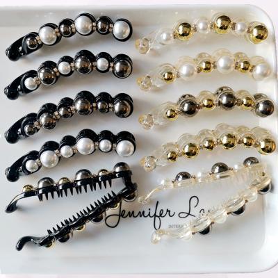 China Wholesale Korean Claw Diamond Inlay Pearl Hair Claws European and American Style 10cm Rhinestone Pearl Banana Hair Clip New For Women Hair Accessories for sale