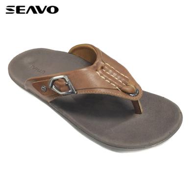 China SEAVO Men's Fashion Brown Casual Soft Upper Design PU Rubber Unique Anti-skid Slippers for sale