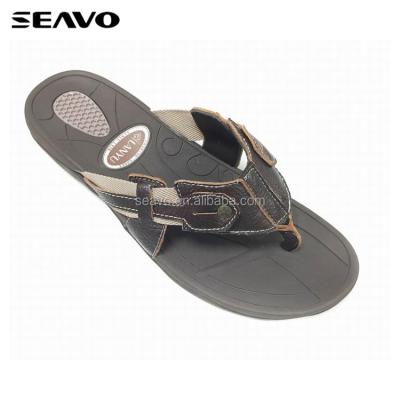 China SEAVO Rubber Cheap New Style Personalized Outdoor Wear Leather Top Mens Brown Flip Flops for sale