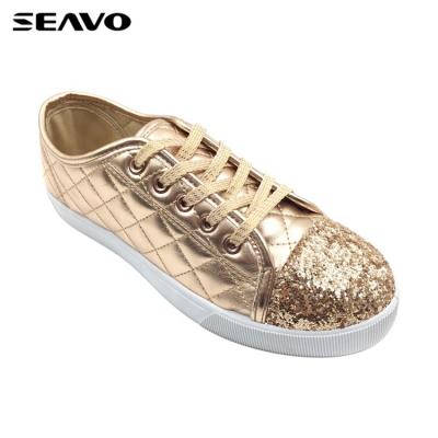 China Fashion Trend SEAVO Fashion Lace Up Gold PU Casual Shoes For Ladies for sale