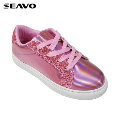 China SEAVO Girls Anti-slippery Fuchsia PU and Glitter Top Injection Casual Sneakers for sale