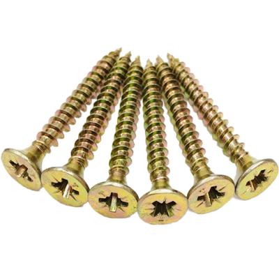 China Pan High Quality Yellow Zinc Wood Screws Pozi Countersunk Head Din7505 Harden Chipboard Self Tapping Wood Screw for sale