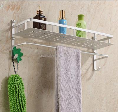 China Sustainable Single or Double Space Aluminum Bathroom Shelf Rack With Kitchen Towel Rack Hanging Hook for sale