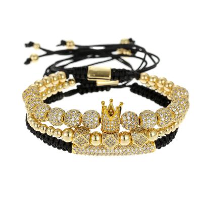 China New Environmental Friendly Arrive Stainless Steel CZ Paved Gold Crown Charm Bracelet Luxury Roman Number Bangle Braided Jewelry 3PCS Set for sale