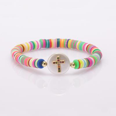 China Ni BOHEMIA Xue Jewelry Colorful Rainbow Polymer Clay Heishi Bohemian Disc Beaded Word Cross Letter Stack Inspired Bracelet for sale