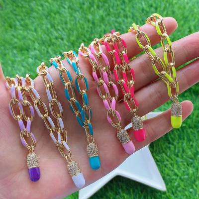 China TRENDY 24k Gold Plated Enamel Colorful Link Chain Micro Paved Cute Cold Zirconia Pill Necklace for sale