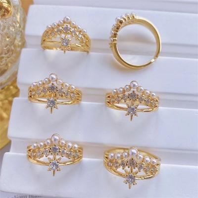 China TRENDY Micro Paved Zirconia Gold Plated Tiara Princess Crown Pearl Women Fashion Band Crown Adjustable Ring for sale