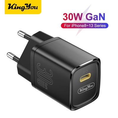 China Mobile Phone Kingyou PD 30W USB-C GaN Fast Wall Charger TYPE C Mini Charger Adapter for iPhone 13 Pro Max MacBook Air/13 for sale