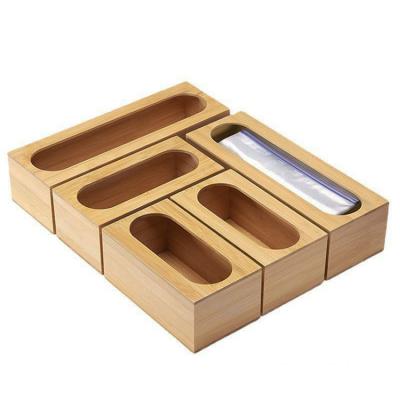 China Compatible Freshness Preservation Kitchen Snack Sandwich Bag Dispenser Box 5 Pieces Bamboo Wooden Food Drawer Ziplock Organizer Storage Bag for sale