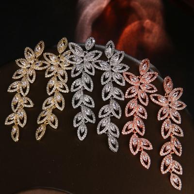 China Romantic Fashion Long Tassel Leaf Stud Earrings 3A Circle Earrings Zircon Inlaid Stud Earrings For Women for sale