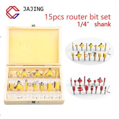 China 1/4 Inch Shank 15pcs WOOD WORKING Router Bits WOOD WORKING Set Wood Milling Cutter Set Box for sale