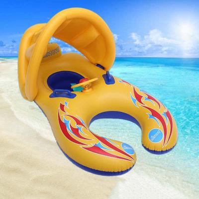 China Hot Sale Kid Inflatable Yellow Baby Swimming Float With Water Bath Float Ring Seat Wheel Game With Canopy Shade for sale