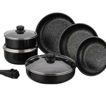 China Sustainable High Quality Induction Cooking Kitchenware Non Stick Marble Coating Cookware Set With Removable Handle for sale