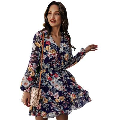 China 2021 New Arrival Washable Summer Women's V-neck Floral Print Casual Dresses Women Ladies Bohemian Dresses for sale