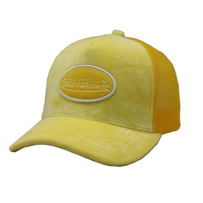 China JOINT wholesale Customize debossed printing logo patch 5 panel velvet mesh trucker cap hat for sale