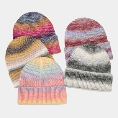 China New COMMON online hot selling gradient link dye knit beani hat ladies fashion autumn winter warm knitted beanie hat for sale