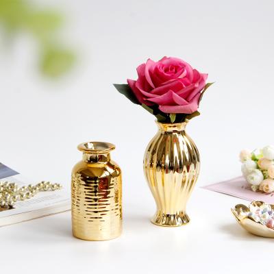 China New Hard Hot Luxury Plating Table Top Flower Vases Desktop Living Room Porcelain Gold Ceramic Vases Small For Home Decor for sale