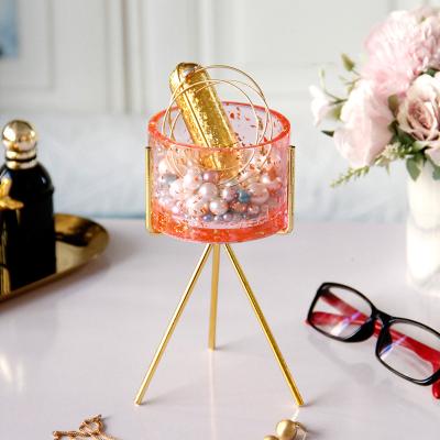 China Viable European Pink Female Accessories Storage Box Gold Metal Resin Table Top Cosmetics Jewelry Storage for sale