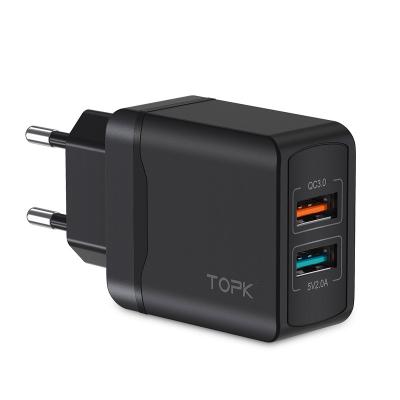 China TOPK 28W Quick Charging QC 3.0 Dual Port ABS Flame Retardant Material Mobile Phone EU USB Wall Charger for sale