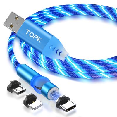 China MP3/MP4 Player TOPK AM22 1M/2M Micro USB Flowing Light Cable Phone Accessories Wholesale Magnetic USB Led Luminous Cable for sale