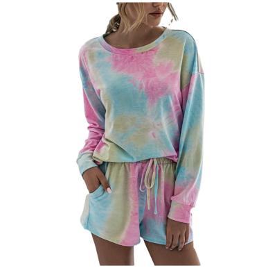 China QUICK DRY Women Tie Dye Printed Pajamas Set Long Sleeve Tops With Shorts Lounge Set Casual Two Piece Sleepwear for sale