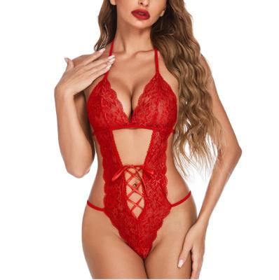 China Women's Halter Lingerie Mesh Bodysuit Deep Teddy One Piece Babydoll Lace Mini Bodysuit Backless Strap QUICK DRY V Three-point JUMPSUIT for sale