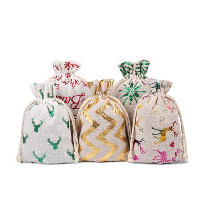 China Promotional Gifts Size 10*14cm Christmas Tree and Christmas Canvas Cotton Muli Printed Drawstring Bags for sale