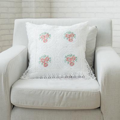 China 45x45cm Style Non-Toxic Home Decorative Floral Embroidery Pillow Cover With Elegant Lace Trimmings for sale