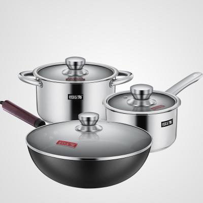 China Durable 3 pcs pressed durable stainless steel stick kitchen cookware set non cooking cookware pot and wok pans sets for sale