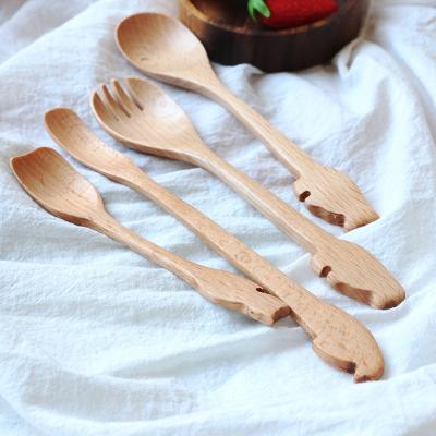 China 2021 Sustainable Wooden Honey Spoon Cartoons Wood Forks Eco-friendly Luxury Wooden Cutlery Tableware Dessert Shovel for sale