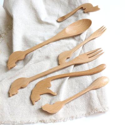 China Sustainable Natural Wood Handmade Cute Cartoon Spoon Animal Wooden Fork Tableware For Baby Kid Dessert Kitten Spoon Beech Wood Fork for sale