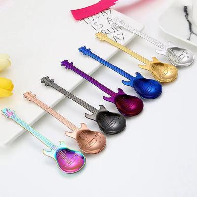 China Viable Colorful Creative Stainless Steel Tea Dinner Teaspoon Guitar Shaped Spoon Metal Stirring Ice Cream Scoop Milkshake for sale