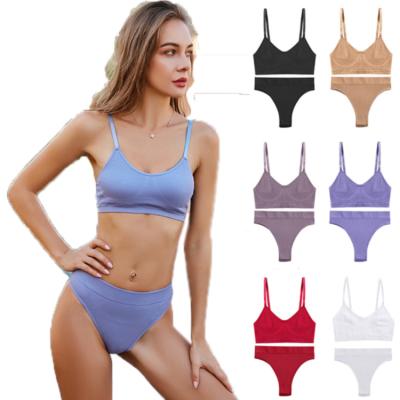 China QUICK DRY Ribbed Thong Top Bralette Wire Free Bra Panties Set Basic Seamless Underwear Set For Women for sale