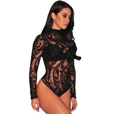 China High Quality Women's Lace Long Sleeve Teddie Lingerie Bulk Mesh Lace Sheer Turtle Neck Jumpsuits For Women Black for sale