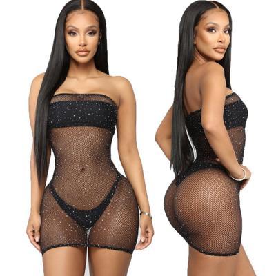 China Summer Lace One Piece Bodycon Cavity Ultrathin Lingerie Black Sleeveless Rhinestone Net Mesh Beach Tube Mini Nightgown Dress for sale